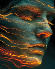 Human face with closed eyes illuminated by glowing orange lines symbolizing connection between ai and human mind in surreal artistic representation of thought and emotion