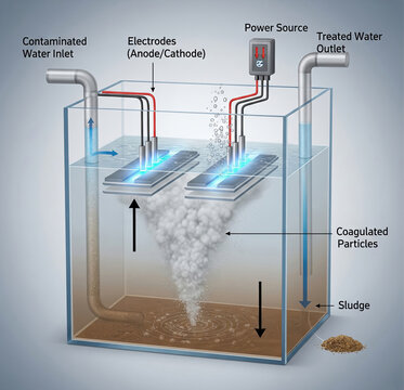 diagram illustrating the electrocoagulation process for treating contaminated water, showing the use of electrodes to form coagulated particles and sludge.