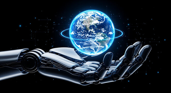 Robotic Hand Holding Earth Digital Globe Futuristic Technology	