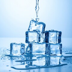 Ice cubes stacked, water pouring, cool blue tone