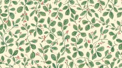 Charming botanical pattern with delicate green leaves and vibrant red berries on a soft cream background, perfect for festive decor and natural designs.