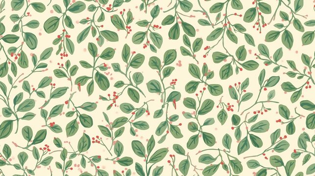 Charming botanical pattern with delicate green leaves and vibrant red berries on a soft cream background, perfect for festive decor and natural designs.