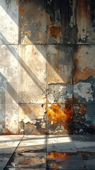 Distressed wall, sunlight streaks. Patches of orange