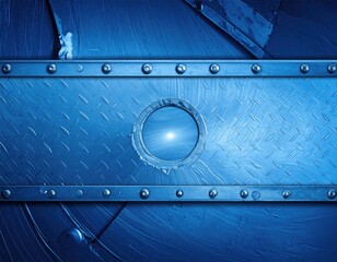 Metallic plate with porthole; blue tones, rivets