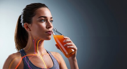 Woman drinking orange beverage from a bottle, with vibrant energy lines showing absorption in her body. Health and wellness concept for fitness and nutrition.