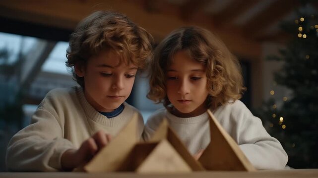 Kids designing and printing custom holiday-themed 3D puzzles for family members, emotion of pride and focus visible, representing tech-inspired festive activities and creative gift-making.