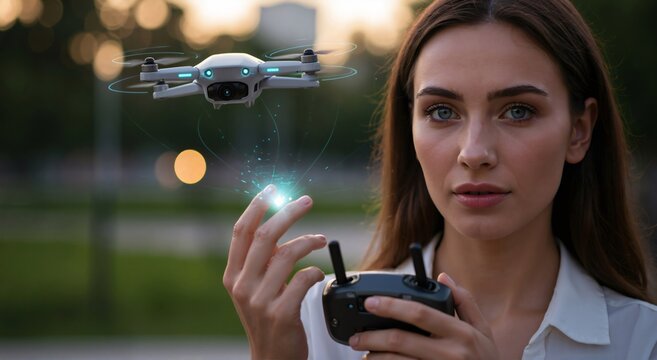 Woman with drone controller manipulating flying drone with glowing hand effect. Futuristic recreation and aerial photography concept. - Powered by Adobe