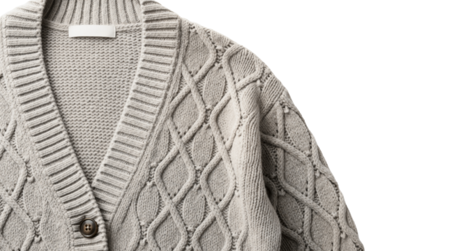 Detailed close-up of a gray cable-knit cardigan sweater. Warm winter fashion apparel with wool texture. Isolated garment with a blank label