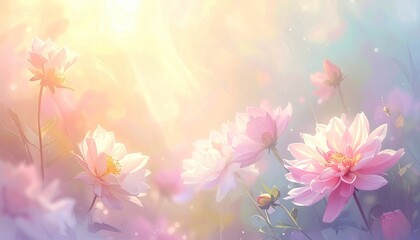 Dreamy soft-focus pink flowers bathed in golden light