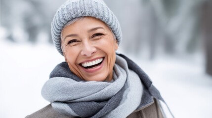 A cheerful mature woman enjoys her time outdoors in a snowy winter landscape. Surrounded by towering trees, she laughs heartily, showcasing the joy of the season and the beauty of nature