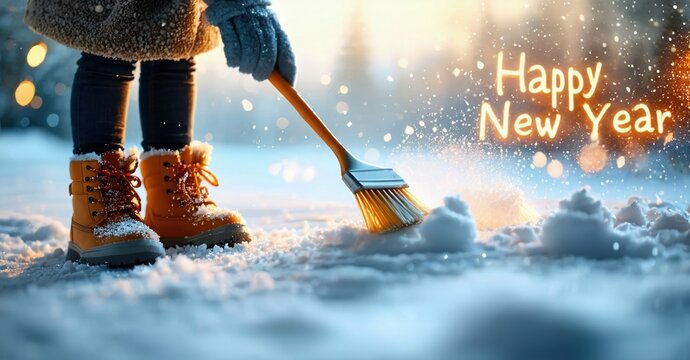 Child sweeps snow. Bright boots visible. Festive scene conveys winter holiday spirit, joyful new year wishes.