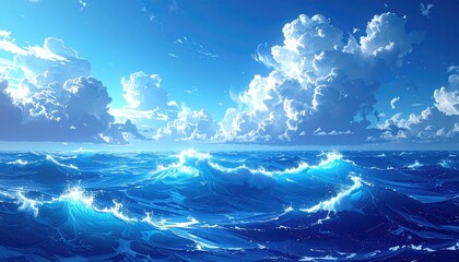 Vivid blue ocean with waves under sunny, fluffy clouds