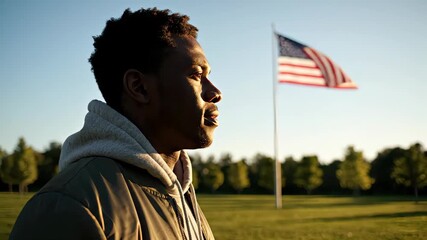 Young man with curly hair gazes at American flag waving in the wind during sunset, symbolizing freedom and patriotism in outdoor setting - Powered by Adobe
