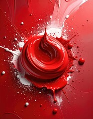 Red paint swirl, splash, and drops against red background