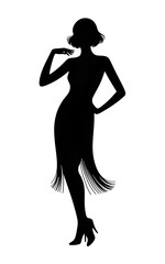 Elegant art deco flapper woman silhouette, black-and-white minimalist fashion , vector ,illustration on white background.