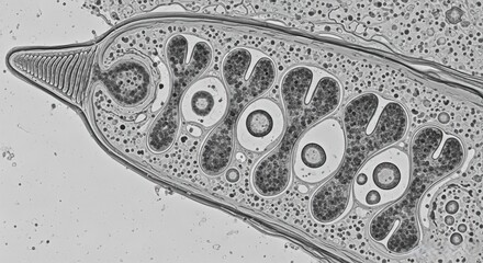 TEM of Plasmodium falciparum apical complex and rhoptries
