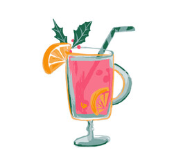 Winter hot mulled wine, served red drink in tall bar glass, christmas market special drink illustration