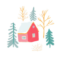 Winter holidays cabin in snowy forest, hand painted watercolor illustration