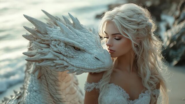 Blonde bride wearing beautiful white dress sitting next to white dragon on beach