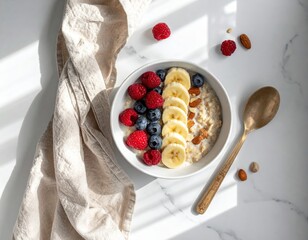 Oatmeal bowl with fresh raspberries, blueberries, banana slices, and almonds on marble table