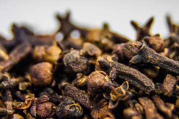 Macro Closeup dry organic raw clove shot, spices culinary material, healthy food, freshness aromatic flavor, mockup graphic design high quality, selective focus, shallow depth of field, Cairo Egypt
