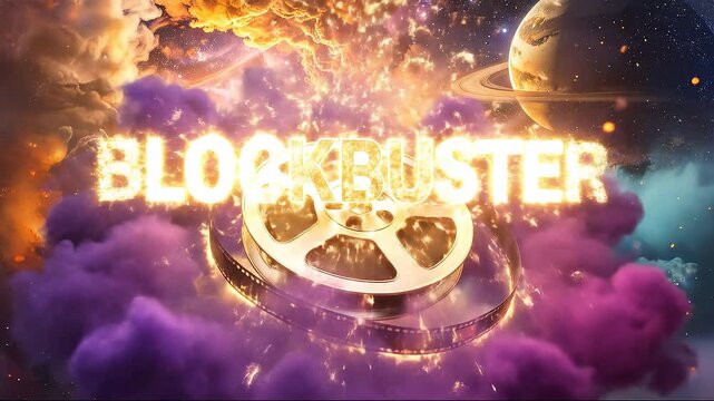 Blockbuster presentation with a retro film projector showreel violet fogs and golden sparkling lights in cosmic space