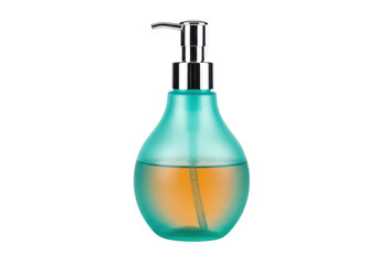 Isolated beautiful soap dispenser containing amber liquid, pump-style bottle for bath products