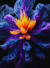 Fototapeta premium Abstract macro of a colorful purple and orange flower with smoke and light on a black backgrounds with a motion design wave effect