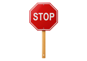 Isolated stop sign on wood post in red color for road safety and traffic control design