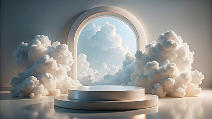 abstract minimal scene with white clouds and round podium.