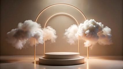 abstract background, round podium for product presentation with smoke, clouds and arch, minimal scene