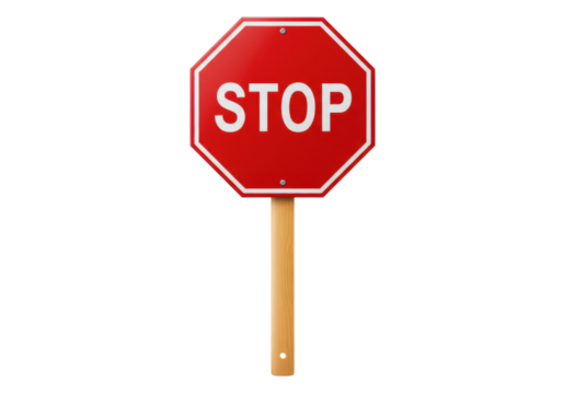 Isolated stop sign on wood post in red color for road safety and traffic control design