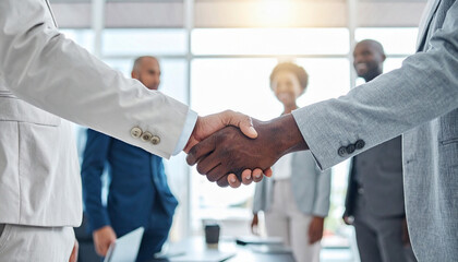 Handshake and meeting with business people in office for welcome