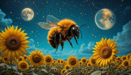 A fuzzy bumblebee hovering mid-air above a field of oversized sunflowers