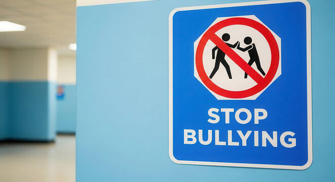 Stop bullying sign displayed on a blue wall in a school hallway, promoting a safe environment for students and encouraging positive behavior among peers - Powered by Adobe