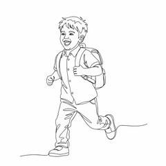 Fototapeta premium Line drawing of a young boy running with a backpack, full of energy and excitement.