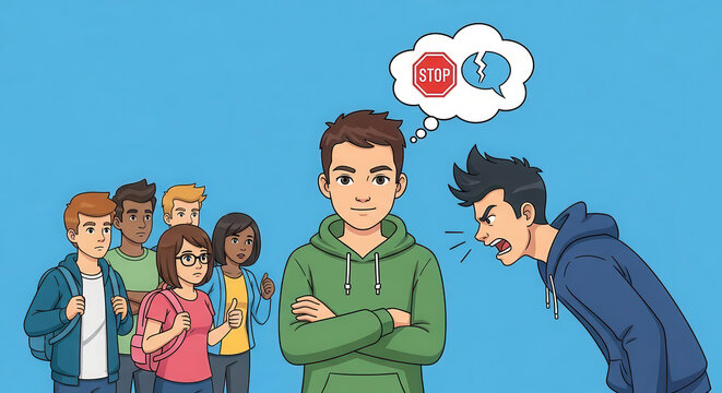 Young male student in green hoodie stands confidently while facing bullying, with peers observing in the background, conveying themes of resilience and anti-bullying awareness - Powered by Adobe