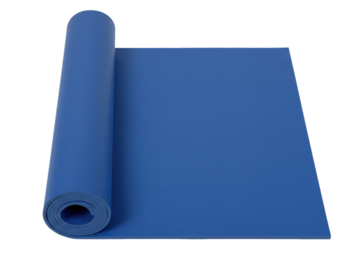 Isolated blue rolled yoga mat, flexible training accessory for fitness workout and sport activity