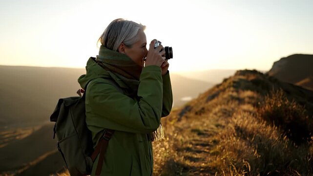 Woman photographer with camera at sunset. Hiker with backpack enjoys landscape view and distant valley. Outdoor travel and adventure highlight mindful exploration. Soft golden light creates calm mood.