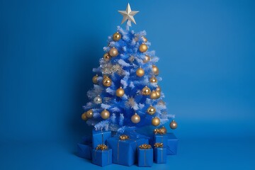 Elegant Blue Christmas Tree with Golden Ornaments and Matching Gift Boxes for Festive Holiday Celebration.