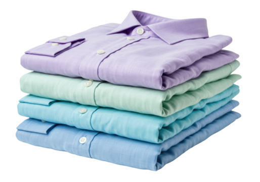 Isolated stack of folded pastel shirts featuring lavender, teal, and light blue colors