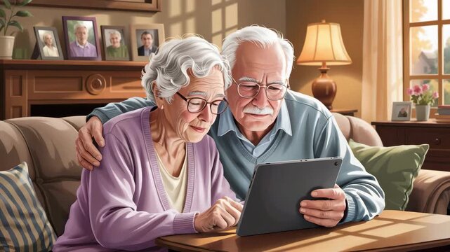 Elderly couple embracing on sofa using tablet computer looking at family photos on shelf warm