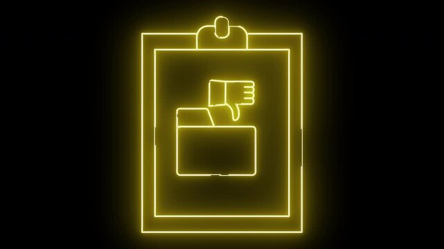 Neon yellow outline of a clipboard showing a file folder and thumbs down