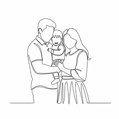 Line art illustration of a family with a baby.