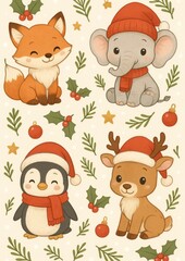 Naklejka premium Cute festive animal illustrations