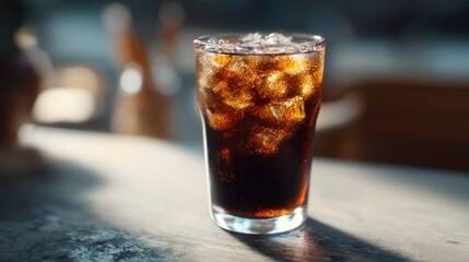 Refreshing Dark Soda with Ice Cubes on Table in Warm Sunlight Atmosphere