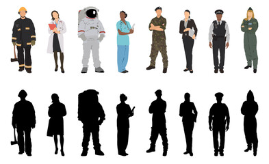Diverse group of professionals in uniforms vector silhouette illustration
