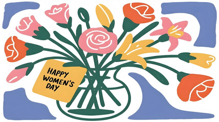 Colorful bouquet featuring flowers with a card celebrating Women's Day in a cheerful design