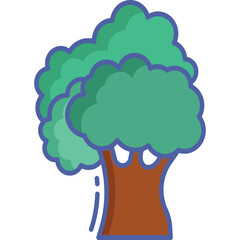 Stylized green tree with a brown trunk and blue outline on a transparent background vector illustration