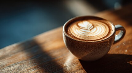 Elegant Latte Art in Ceramic Mug on Wooden Surface with Natural Light
